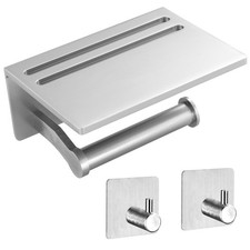 Toilet Paper Holder with Shelf and 2 Towel Hooks - Self Adhesive Toilet Paper...