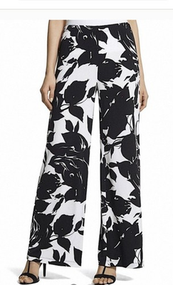 #ad Chico’s Black White Floral Pull On Pants Size 2 L 12–14 Wide Leg $24.99