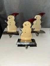 Metal Silver SNOWMAN Christmas STOCKING HANGER Mantel Holder Hook Snow Enamel 3