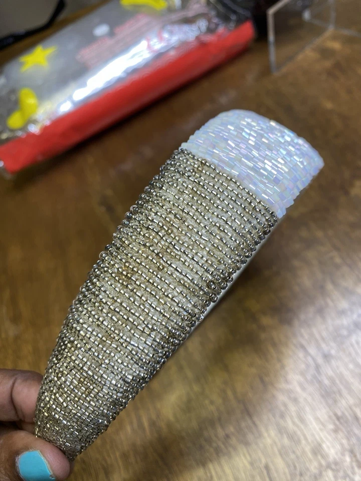 White Silver Beaded Headband Wide Seed Bead - Image 2 of 4