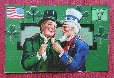 c1910 ''Old Erin'' Uncle Sam & St. Patrick's Day Having A Drink Embossed Postcard