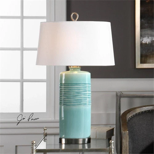 Uttermost Rila Ceramic and Iron Table Lamp in Distressed Teal and Off White - Picture 2 of 5