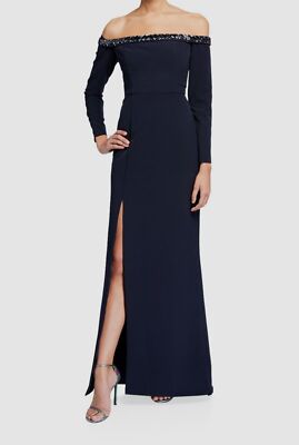 $440 Aidan Mattox Women's Blue Embellished Off-the-Shoulder Gown Dress Size 