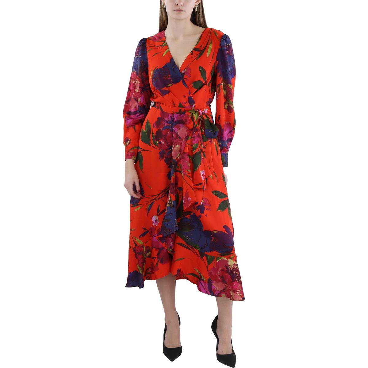 Tahari ASL Womens Floral Print Tea Length Surplice Wrap Dress BHFO 8912