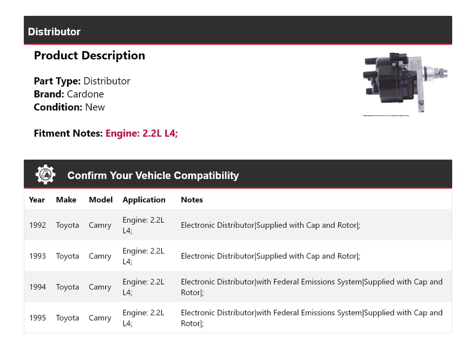 Toyota Camry 1992-1995 2,2 L L4 distribuidor Cardone 1993 1994 Foto 2 de 4