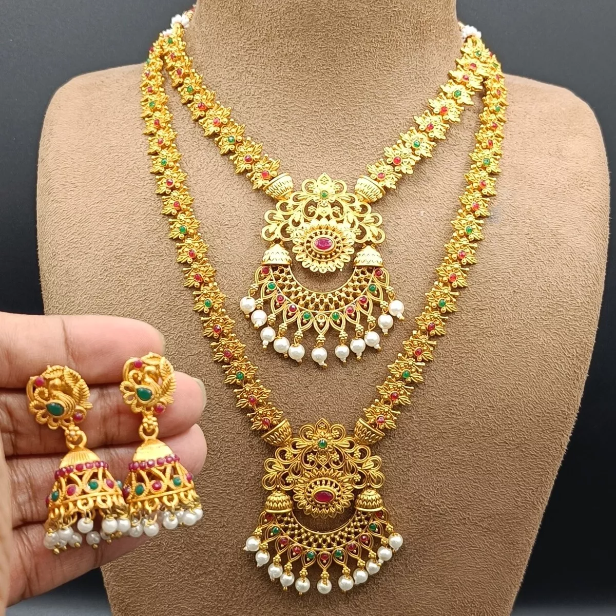 South Indian Bollywood Matt Gold Tone Long Necklace Jhumka Pearl ...