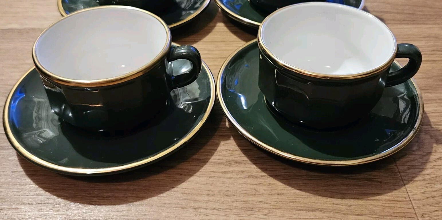 2 Apilco French Bistro Ware Cups & Saucers Green & Gold 6oz eBay