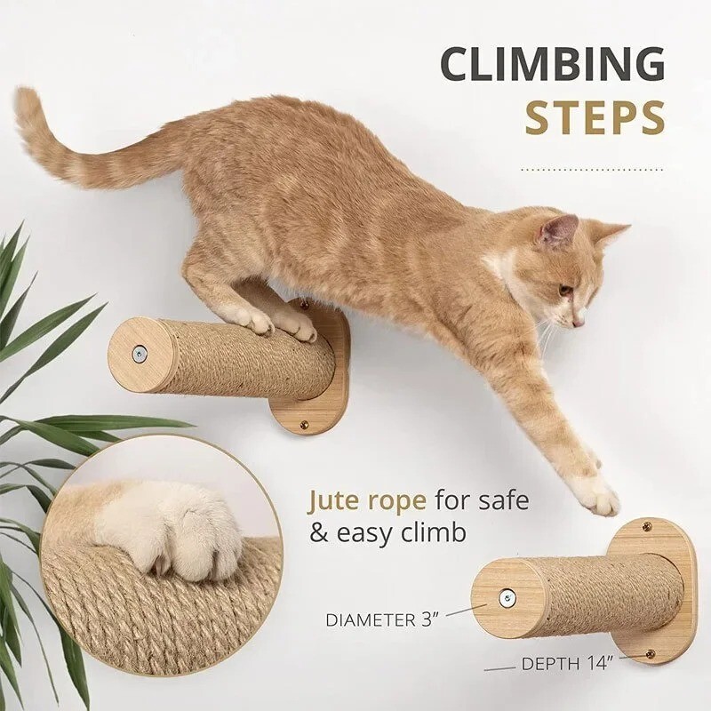 Cat Wall Hammock Wooden Wall Mounted 3 Climbing Shelves Cat Furniture