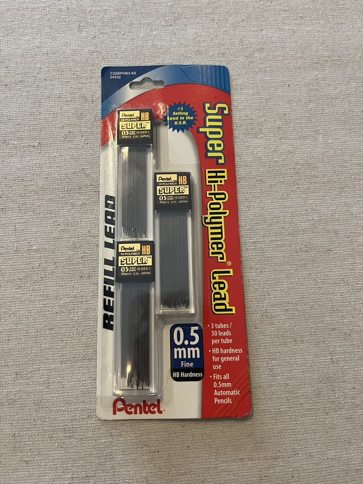 Pentel Super Hi-Polymer Leads, 0.5 mm, 30 Leads Per Tube 3 Tubes