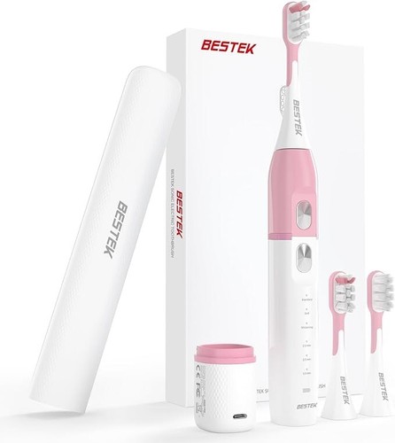 Sonic Electric Toothbrush IPX67 Waterproof With Travel Case & 3 Heads - Pink
