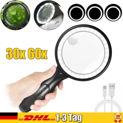 Lupe mit Licht 60 Fach Vergrößerung Handlupe mit 33LED 30X,60x Senioren Leselupe
