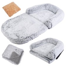 Machine Washable Large Human Size Dog Bed With Pillow Blanket Flurry Plush