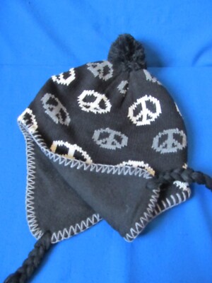 NEW Black Knit Peace Sign Winter Hat Fleece Lined with Ear 