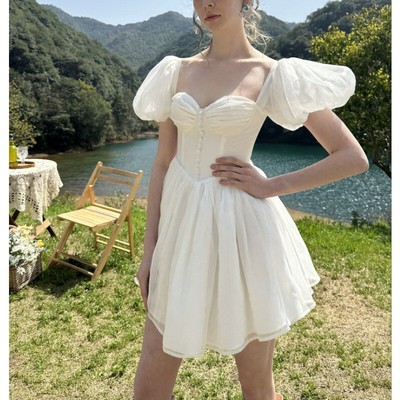 French Women Elegant Solid Color Dress Square Collar Puffed Sleeve A-line Skirt
