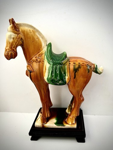 Vintage Chinese Tang Dynasty Style War Horse Glazed Ceramic Figurine