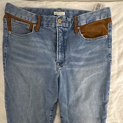 Good American Women's Light Wash High Rise Skinny Jeans Brown Trim 5-Pocket