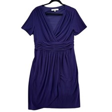 Evan Picone Evening Dress Purple Faux Wrap Ruched Pleated Short Sleeve Size 16
