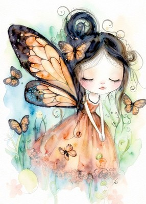 Butterfly Fairy ACEO - Whimsical Girl Monarch Friends, Fine Art PRINT