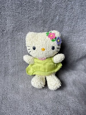 Sanrio 2002 Hello Kitty grüner Apfel Satin Kleid 5 Zoll weiches Plüschtier Stofftier Katze