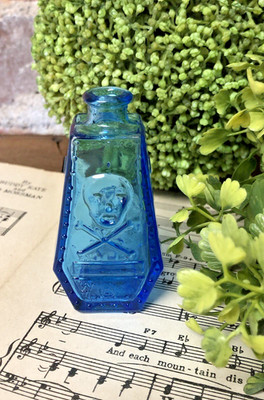 Vintage Wheaton Blue Poison Bottle Coffin Shape Skull Crossbones R I P Miniature