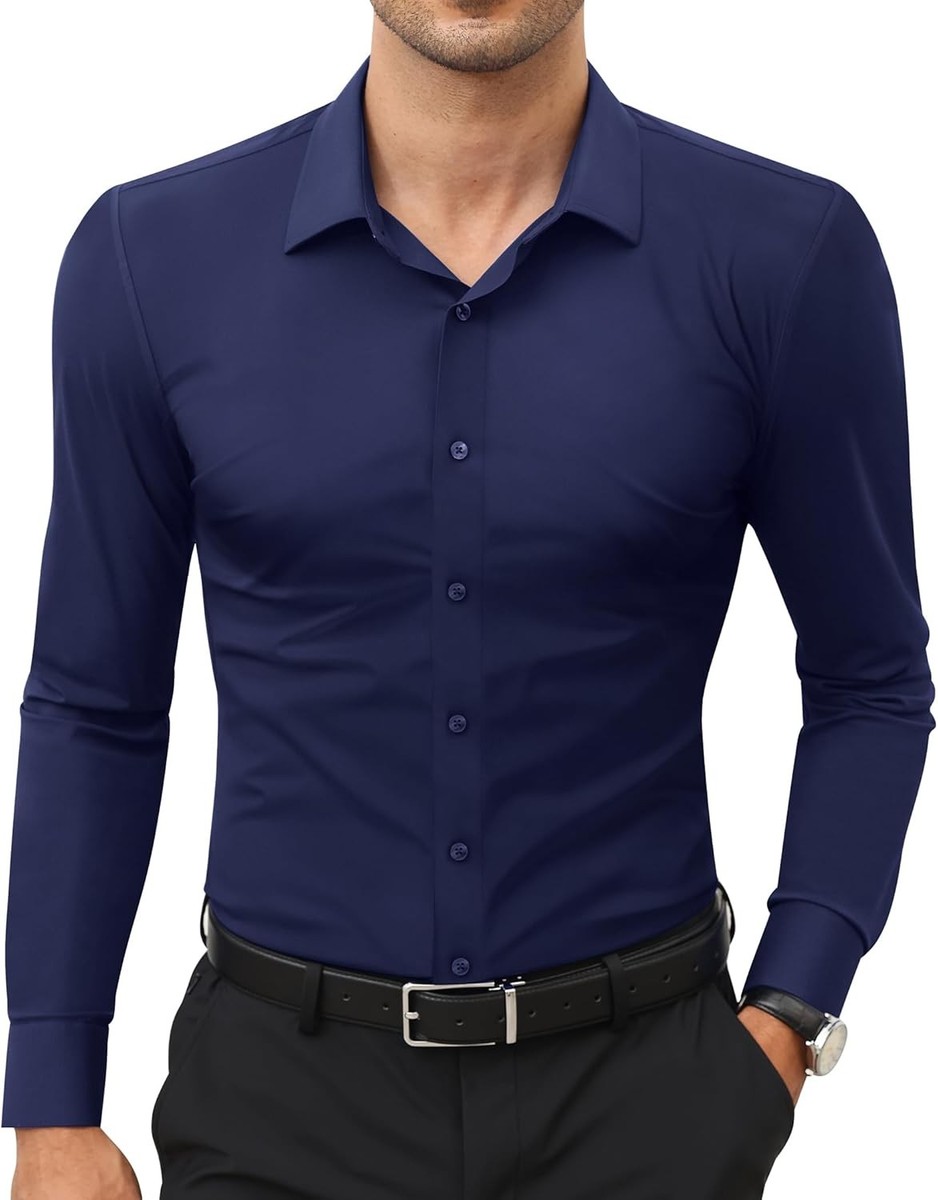 Stretch Men's Dress Shirts - Long Sleeve Slim Fit & Muscle Fit Wrinkle-Free Stretch Men's Dress Shirts - Long Sleeve Slim Fit & Muscle Fit Wrinkle-Free
