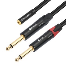 1/8 Female to Dual 1/4 1FT, Black 3.5mm TRS 1/4" TS Male 1 Foot