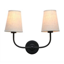 PERMO Vintage Double Sconce, Matte Black, 2-Light Linen Shades, Wall Light