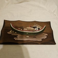 Vintage Hand Painted Raccoon Eating Watermelon On Wood Plaque. Signed. 11x5.5 In