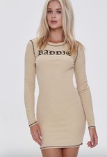 Forever 21 Beige Black Ribbed Bodycon Mini Dress Long Sleeve Round Neck Size M
