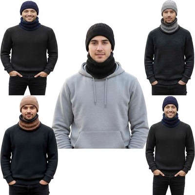 Herren Zopfmuster Beanie Mütze & Neckwarmer Set warm Winter Fleece gefüttert Thermomütze