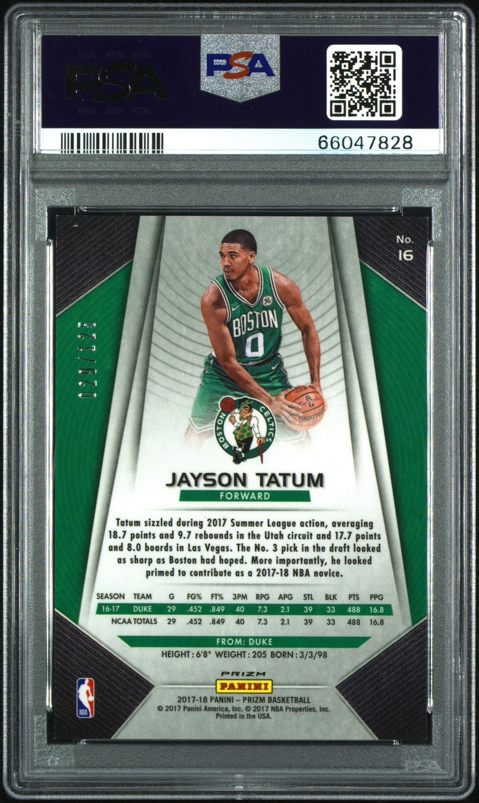 2017-18 Panini Prizm Jayson Tatum #16 Red Fast Break Prizm /125 (RC) view 2