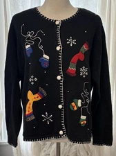 VTG Arriviste Christmas Cardigan Sweater Women XL Appliqué Mittens Scarves Black