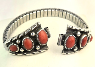 Women's Navajo Sterling Silver & Red Coral Watch Tips & Speidel Band(11.7g)