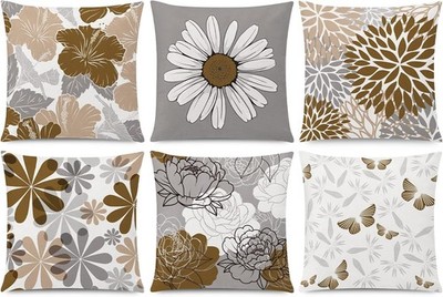 Brown Grey Pillow Covers 18x18 Set of 6 Decorative Daisy Flower Throw Pillow ...