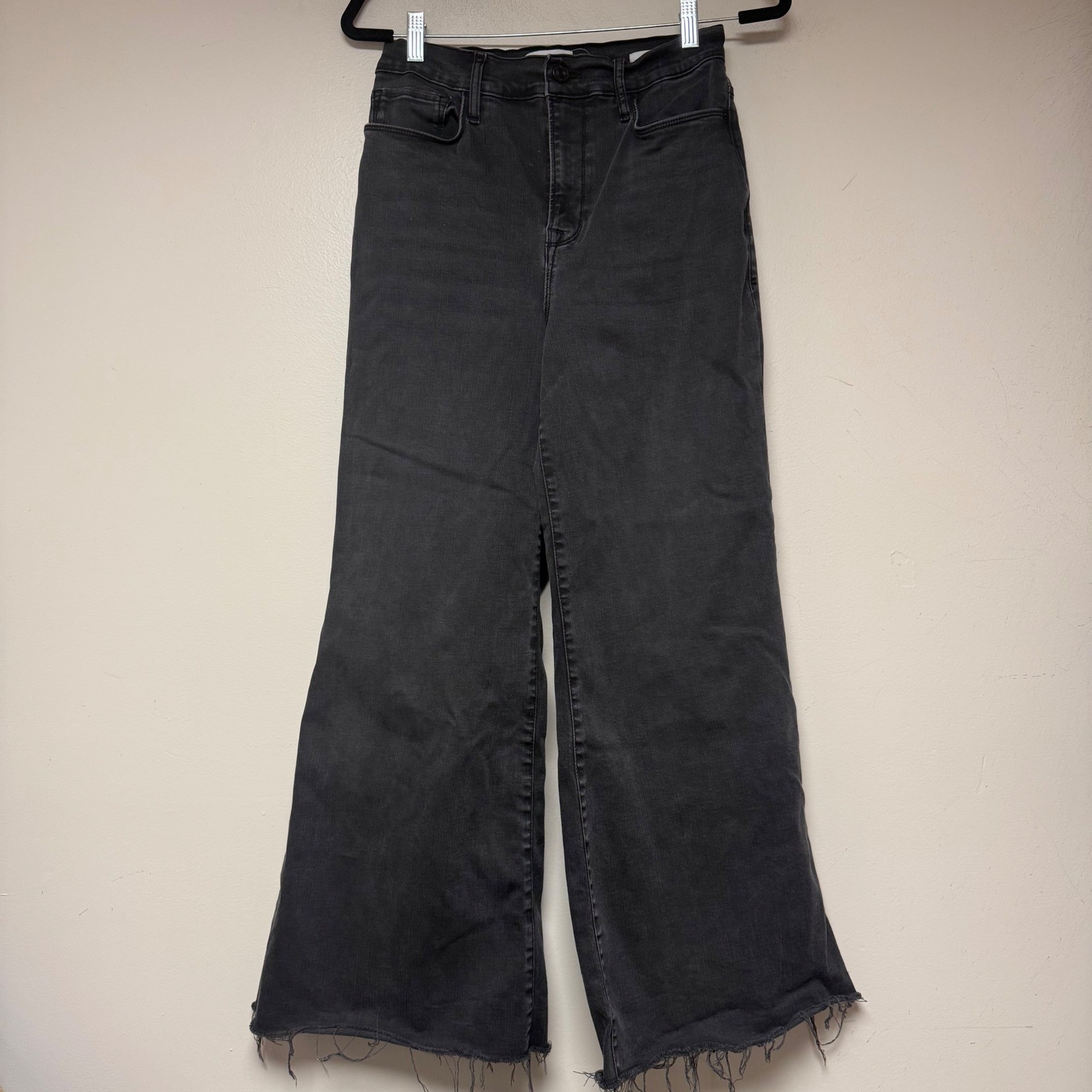 Frame Le Palazzo Jeans Womens 30 Black Excellent High Rise Wide Leg Raw Hem 9394