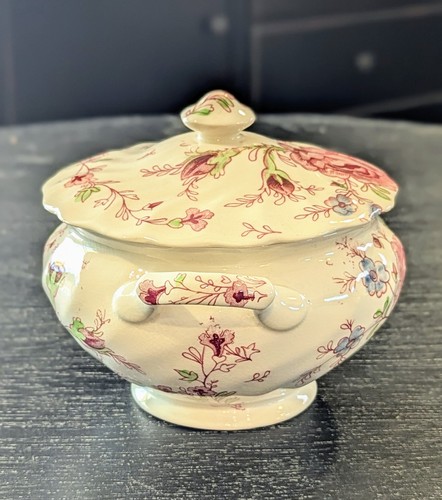 EUC VTG Johnson Bros 12oz Sugar Bowl w/Lid Rose Chintz Pink Made in England 4"H - Picture 4 of 18