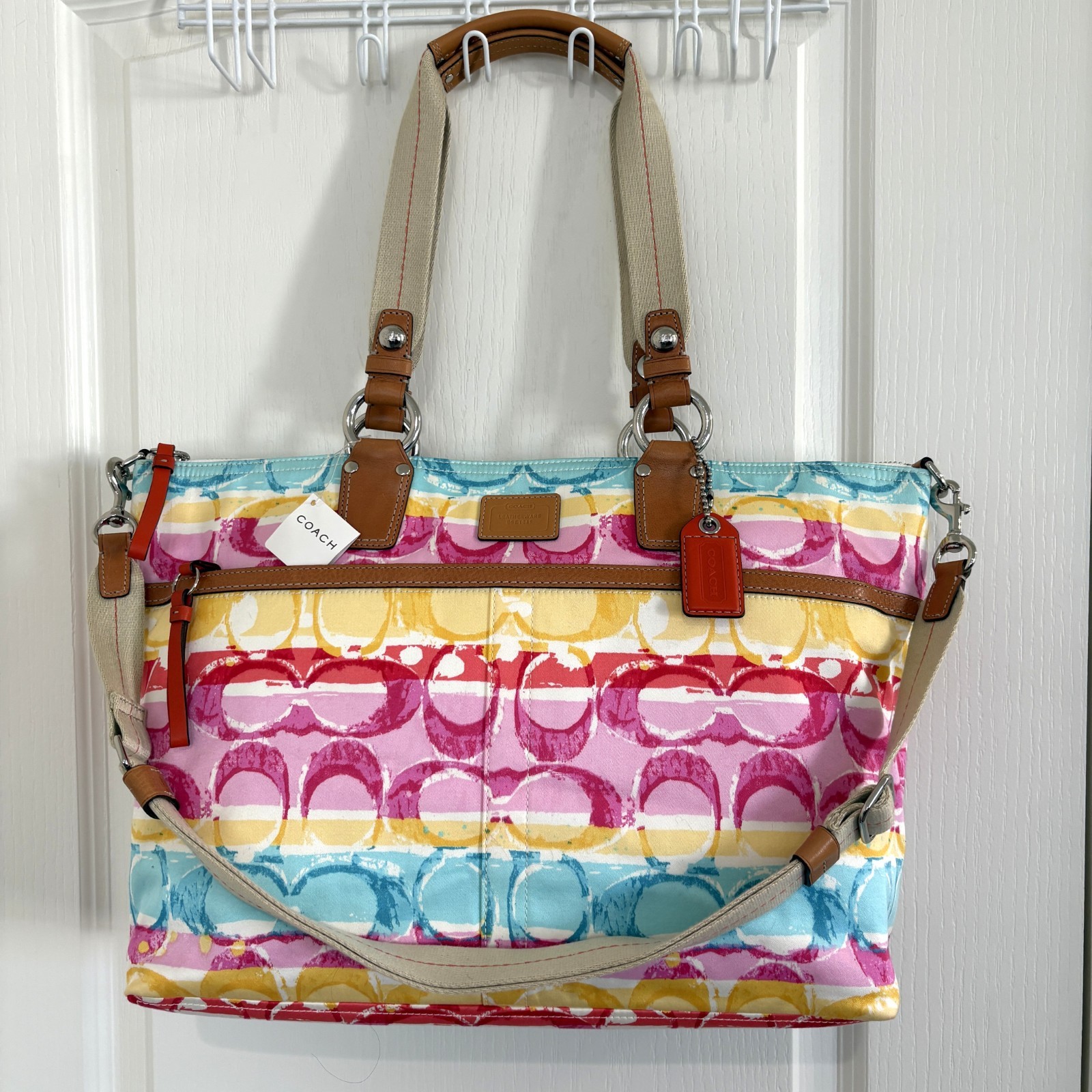 Coach Hamptons Weekend Stripe Signature Tote Bag Large Baby MultiColor 11758 NEW