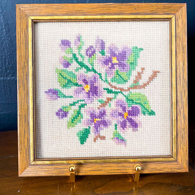 Vintage PURPLE FLOWERS Framed Needlepoint Gallery Wall Art Granny Cottage Core