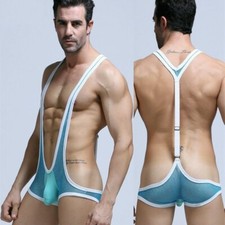Men Mesh Fishnet Sexy Bodysuit Underwear Mankini Wrestling Jockstrap Lingerie