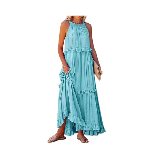 Womens Summer Maxi Dress Sleeveless Halter Neck Flowy Ruffle Hem Long Boho Dress - Picture 7 of 32