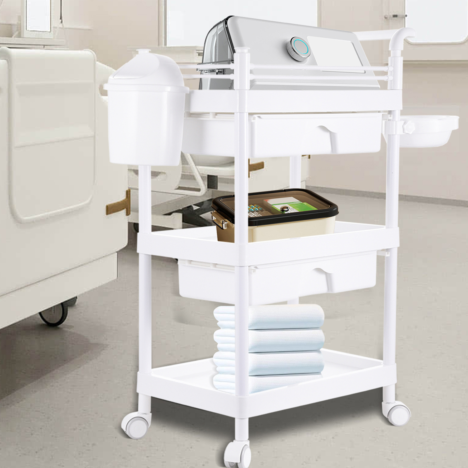 3-tier Rolling Utility Trolley Storage Cart with Cleaning basin and Trash can