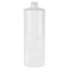 Botella cilíndrica de HDPE natural fluorado 32 oz 28/410 con tapa acanalada negra