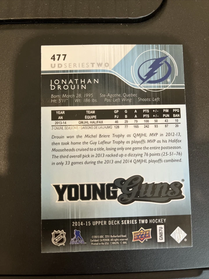 2014-15 Upper Deck #477 Jonathan Drouin YG RC Rookie Lightning - Image 2 of 2