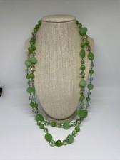 Green glass bead double-strand necklace with faceted crystal accents