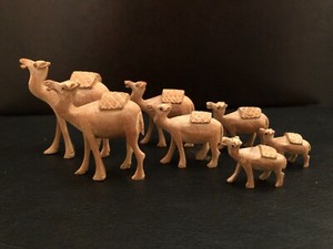 New Condition - Hand Carved Wood Camels - Set of 7 - 40+ Years Old
