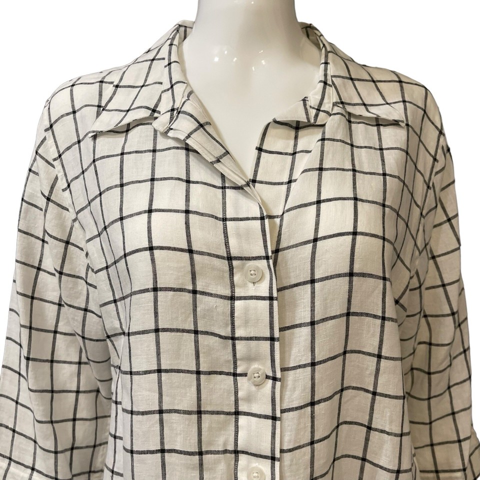 Investments Sz 14 100 Linen Tunic Blouse Top Ivory White Black Check
