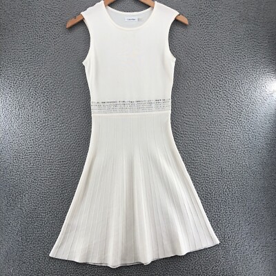 Calvin Klein Dress Womens Small Petite Ivory Sweater Knit Fit & Flare Rhinestone