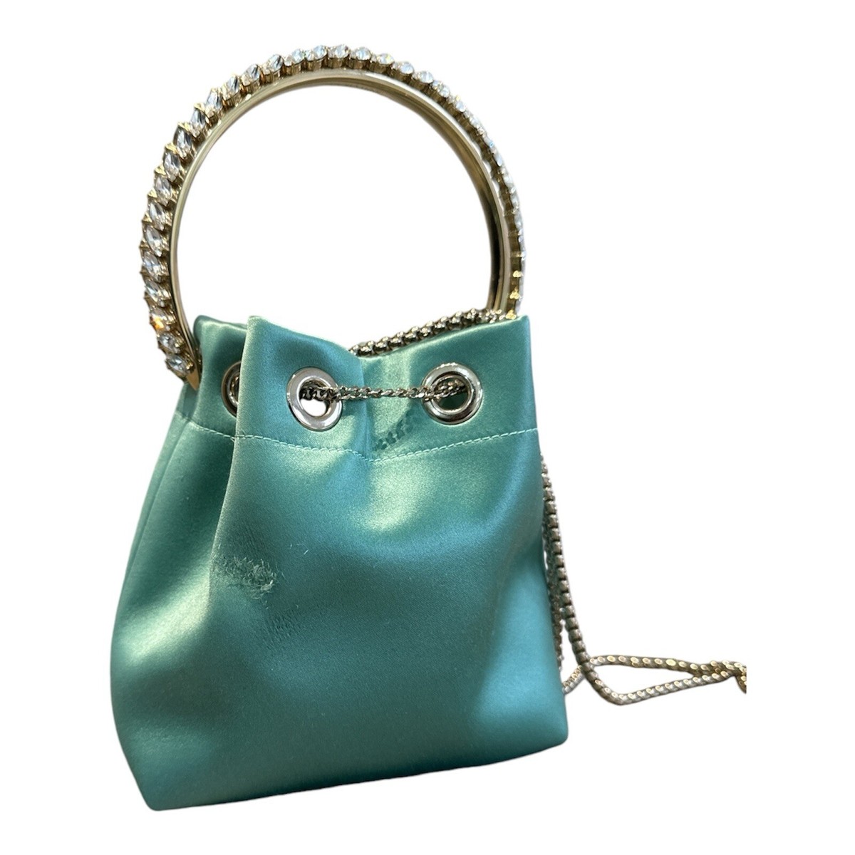 Jimmy Choo Bon Bon Bag Satin Smoke Green Bucket Bag Crystal