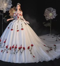 Rose Flower Strapless Wedding Dresses Rose Floral Embroidery A-line Bridal Gowns