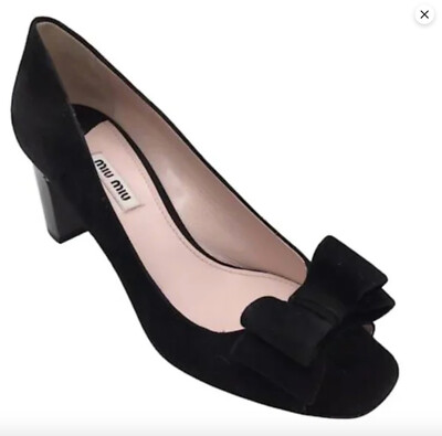 miu miu ブラック リボン ミュール MIU MIU Black Suede Leather Peep Toe Double Bow Pump Size EU 38.5